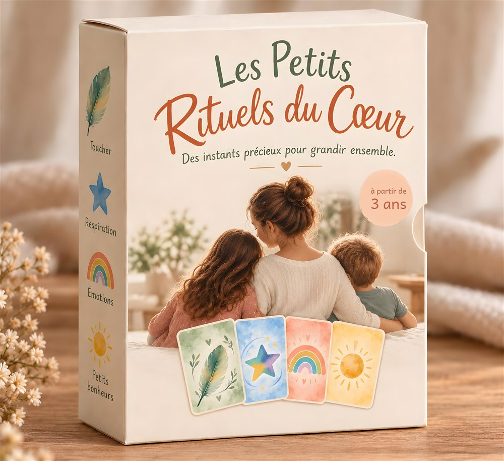 La boîte du jeu Les Petits Rituels du Cœur, avec une maman et ses deux enfants, et quatre cartes : plume, étoile, arc-en-ciel et soleil