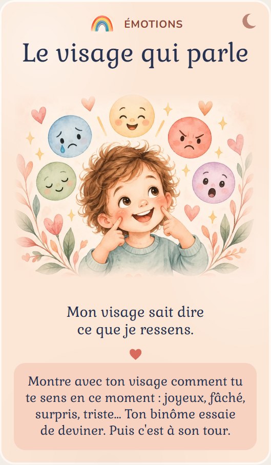 La carte « Le visage qui parle », famille Émotions : un enfant montre avec son visage ce qu’il ressent