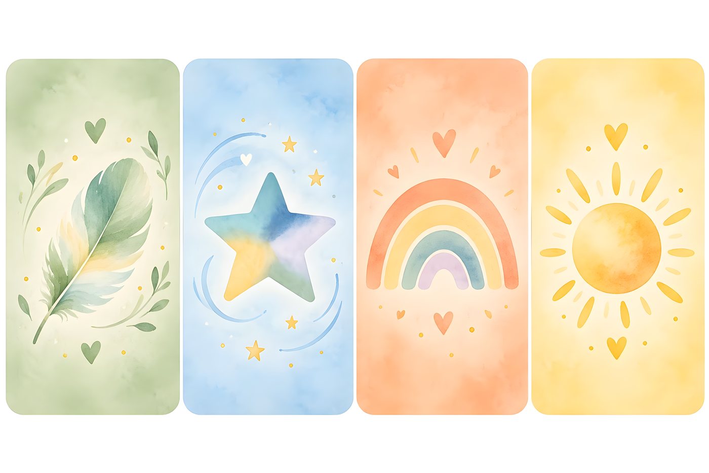 Les dos des quatre familles : une plume verte, une étoile bleue, un arc-en-ciel orangé et un soleil jaune
